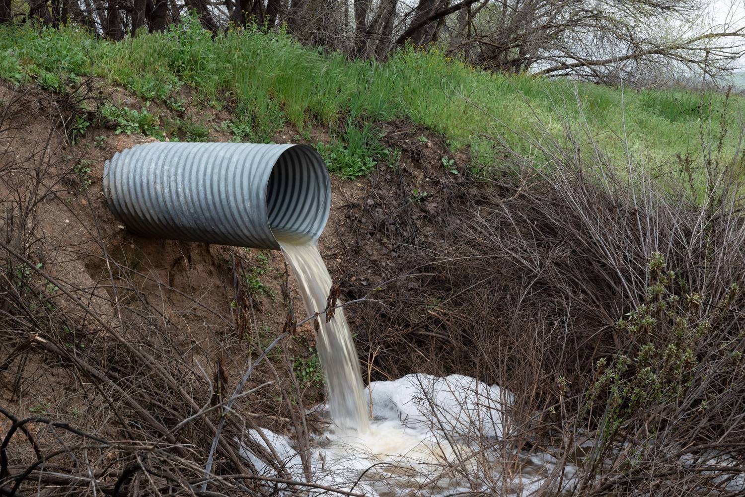 A corrugated culvert discharging into a creek bank