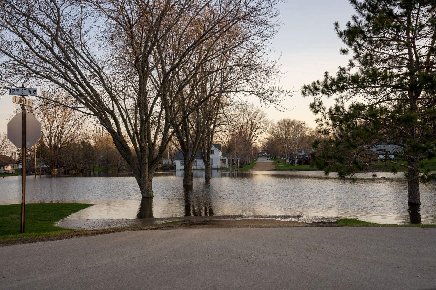 Floodwater standing across a neighborhood street under bare trees