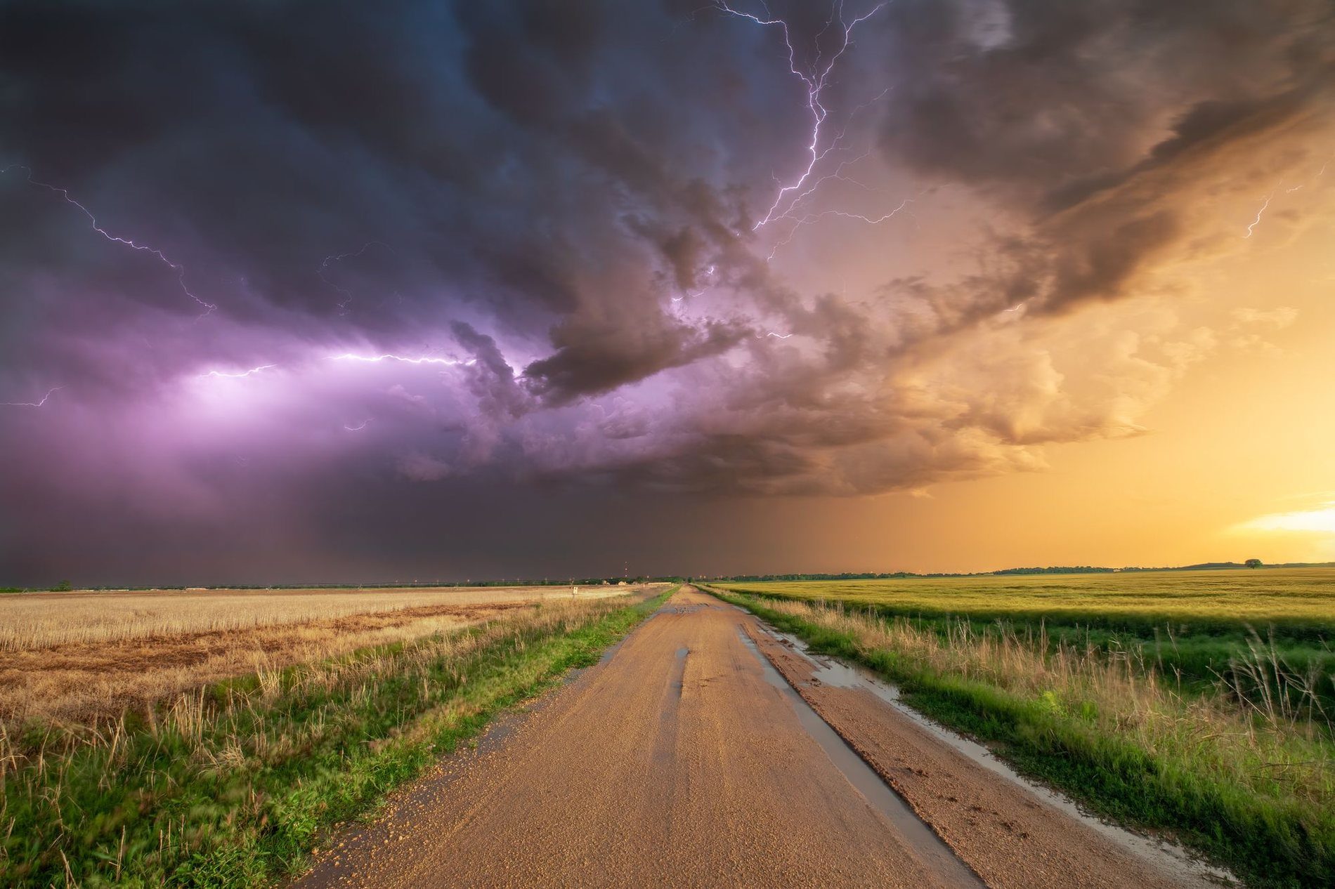 Lightning over a country road at dusk