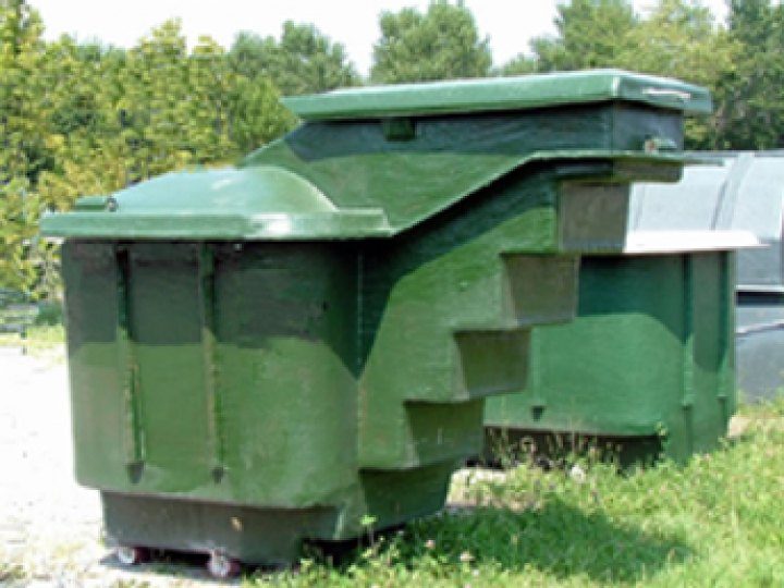 Fiberglass storm shelter unit staged on site, Indianapolis area