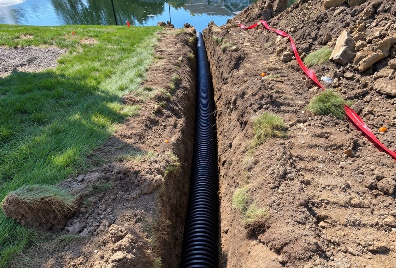 Black corrugated drain pipe laid in an open trench beside a pond