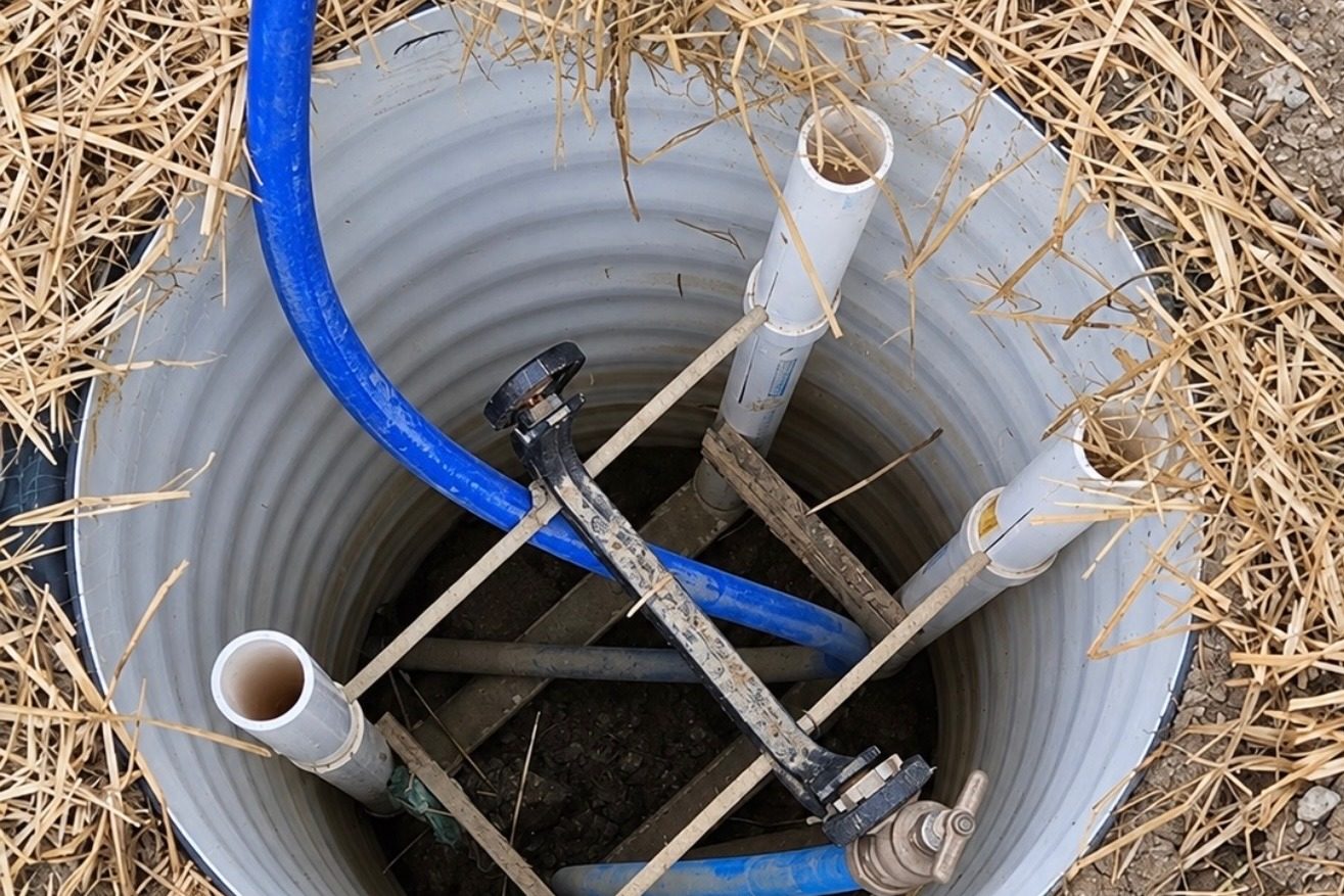 A pump basin set in the ground with its pipes and water line connected